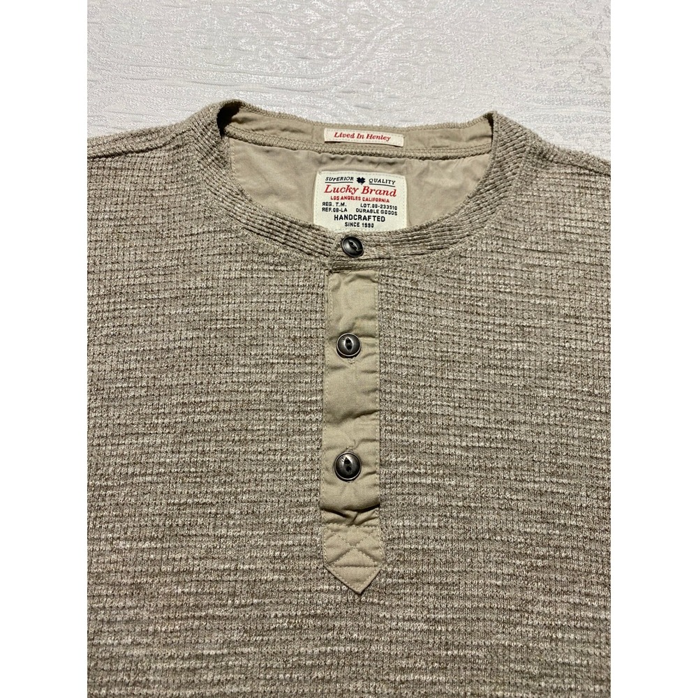 Lucky Brand Mens XL Lived In Henley Waffle Knit Thermal Shirt Tan Long Sleeve - Picture 2 of 4